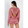 thumbnail image 4 of Satin Lace Details Long Sleeve Hooded Crop Top & Biker Short Set Black L, 4 of 5