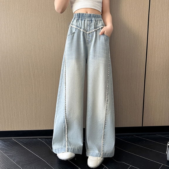 Baggy Jeans Kids Casual Stretch Wide Leg Jean Denim Pants Baggy Denim for Girls 13-16 Years Pants