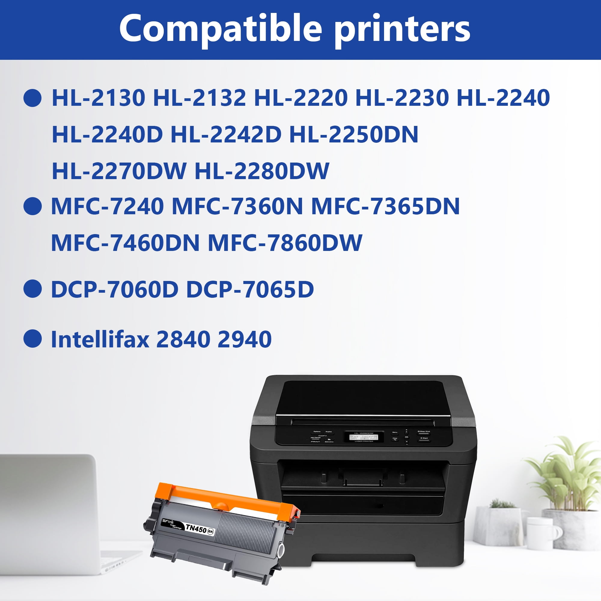 TN450 TN420 Toner Cartridge 2-Pack Black Compatible for Brother TN 450 TN-450 TN 420 TN-420 for HL-2270DW DCP-7060D MFC-7860DW Printer Ink High Yield