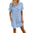 thumbnail image 2 of ZHOGXU Women's Casual Dress With Pockets Solid Color Button Short Sleeve Lapel Comfortable Loose Shirt Dress For Everyday Wear,Blue,L, 2 of 6