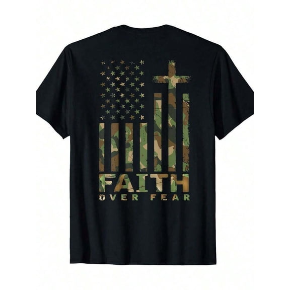 Faith Over Fear Camo American Flag T-Shirt – Christian Patriotic Graphic Tee for Men & Women, Perfect Gift for Believers & Veterans