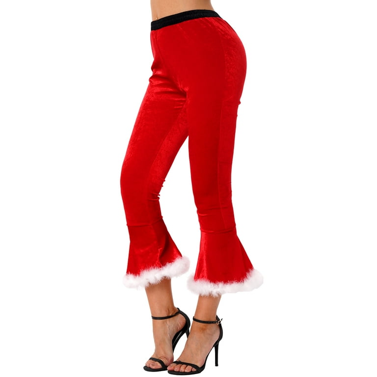 DPOIS Women's Velvet Christmas Miss Santa Pants Faux Fur Trim
