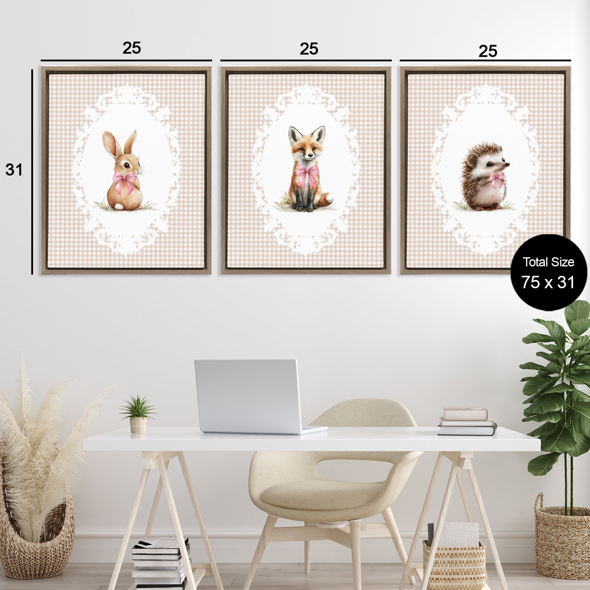 Stupell Industries Vintage Baby Bow Animals 3 Piece Brown Framed Floater Canvas Set, design by Christine Simpson Art