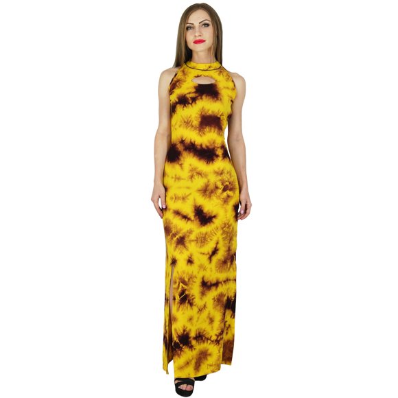 Bimba Women Yellow Long Maxi Dress Chic Style Rayon Sleeveless Spring Day Gown