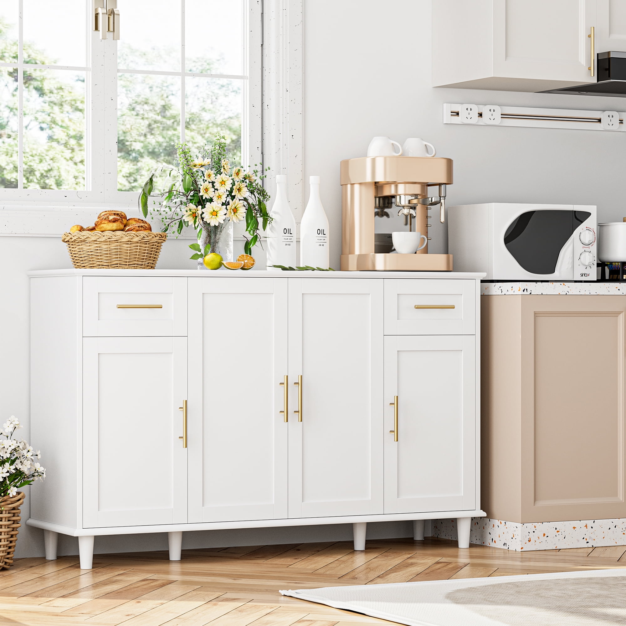 Homfa 55.1" W Wood Sideboard with 2 Drawers,4 Doors Buffet Storage Cabinet with Adjustable Shelves for Kitchen Dining Room,White