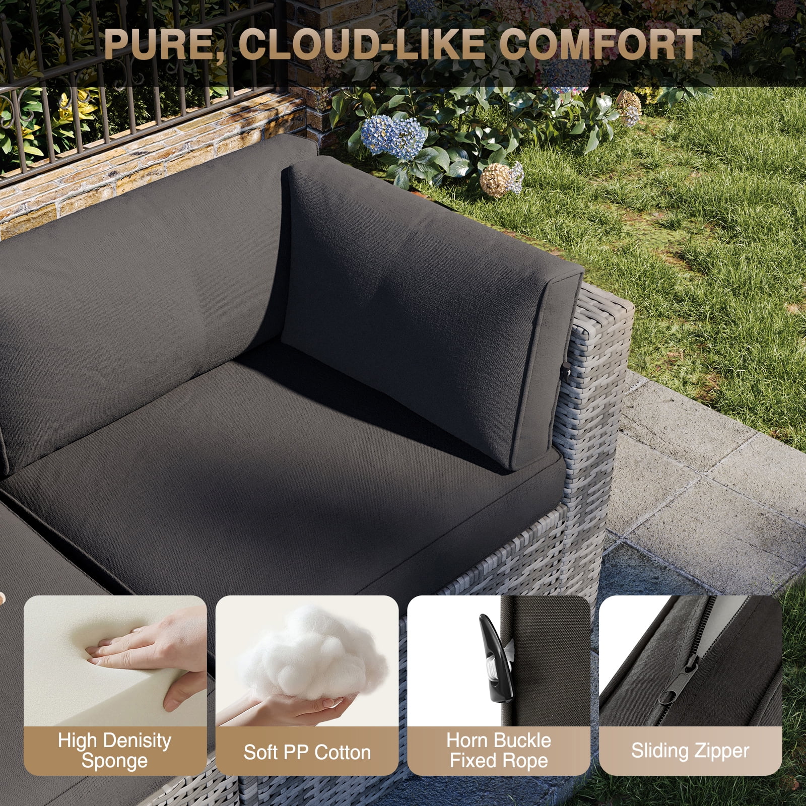 Aoxun 10 Piece Patio Furniture Set Wicker Rattan Patio Conversation Set Outdoor Sectional Sofa Set with Coffee Table and 4” Thickened Cushions, Black(Waterproof Cover Included)