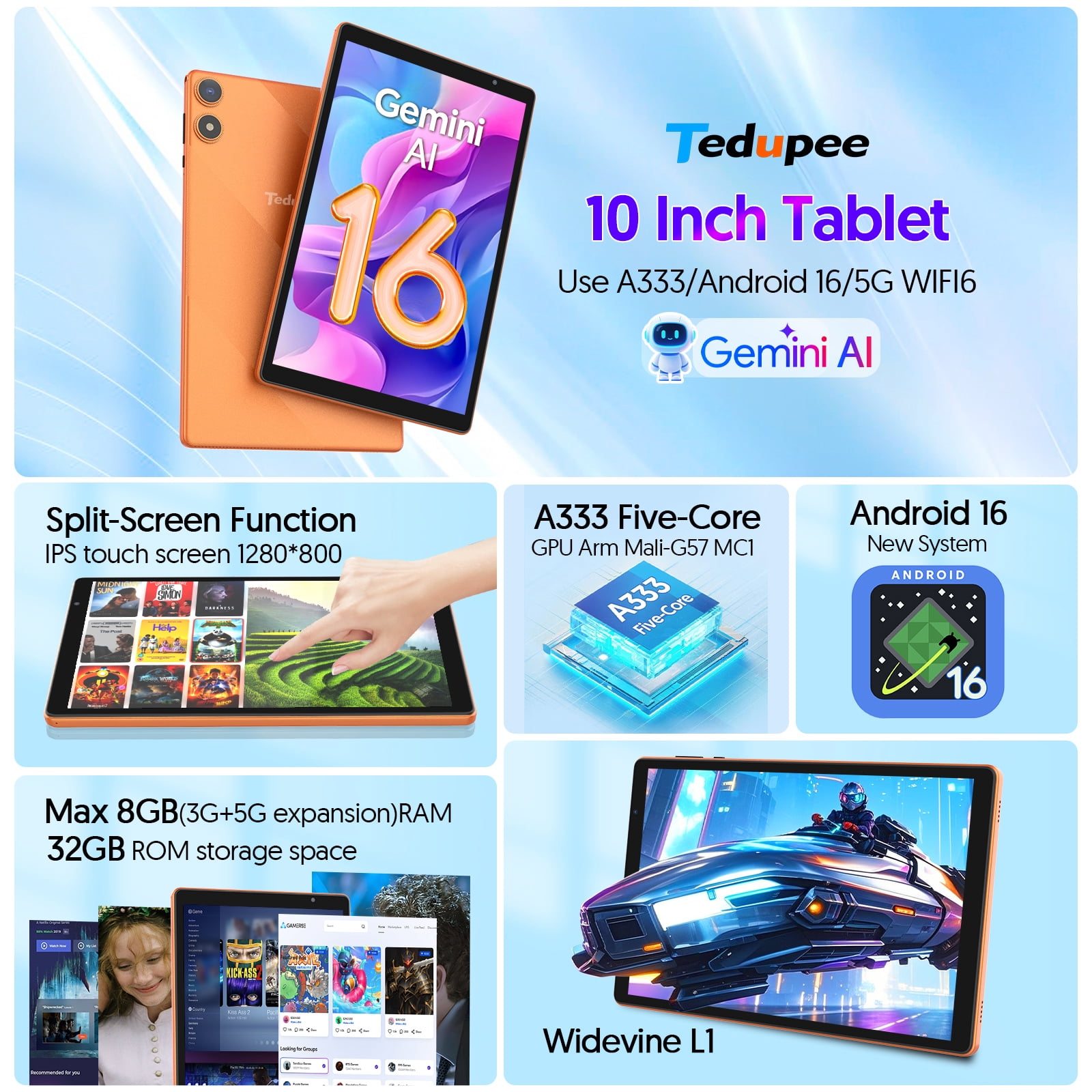 Android 16 Tablet, 10.1 inch, Five-core CPU, RAM 3GB, ROM 32GB (Up to 1TB), 800x1280 IPS, 5G WiFi 6, 2MP+2MP, 6000mAh-Orange