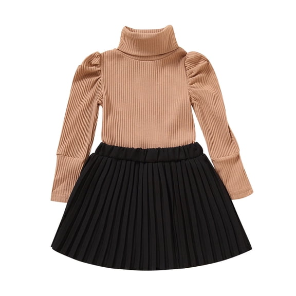 Coerni Toddler Baby Girls Skirt Set Turtleneck Knitwear Sweater Ribbed Tops And Plaid Pleated Skirt 2Pcs Outfits Set