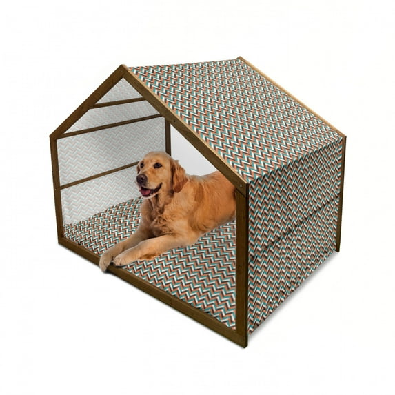 Mid Century Pet House, Herringbone Pattern in Retro Colors Simple Funky Design of Classic Mosaic Tile, Outdoor & Indoor Portable Dog Kennel with Pillow and Cover, 5 Sizes, Multicolor, by Ambesonne