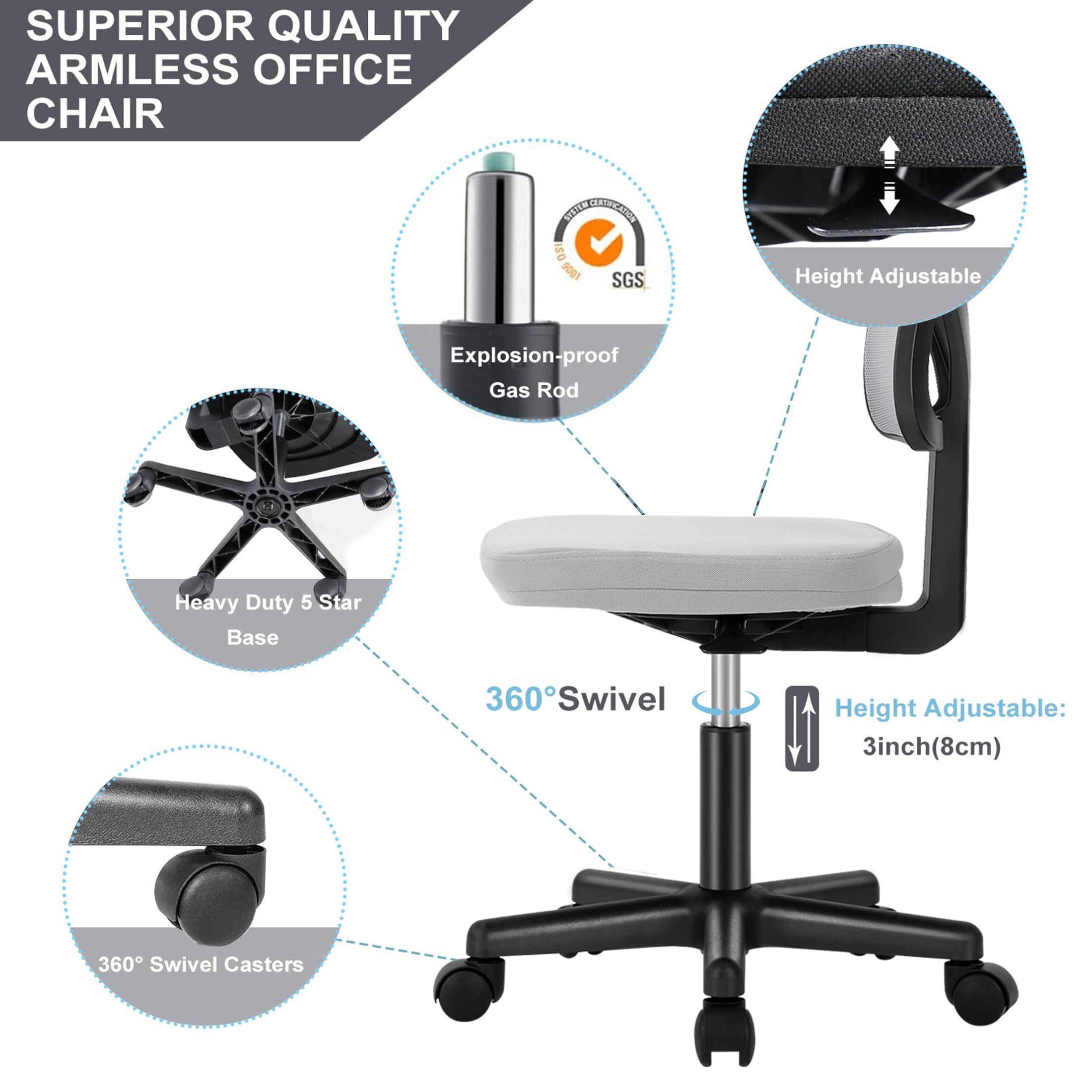 JOINSUN Desk Chair with Lumbar Support & Adjustable Height, 200 lb. Capacity, Gray