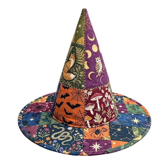 Quilted Witch Hat for Halloween Costume, Novelty Patchwork Headwear for Cosplay and Theme Parties (Style A, One size, 18.5 x 17.32 in)
