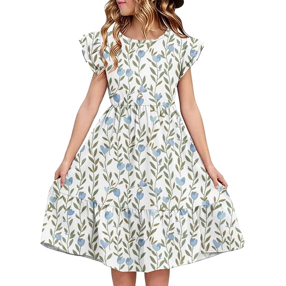Avrntaa Girls Short Sleeve Dress with Ruffles Crew Neck A-Line Swing Casual Summer Midi Dress 5-14 Years