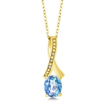 Gem Stone King 1.84 Ct Millennium Blue Mystic Quartz White Diamond 18K Yellow Gold Plated Silver Pendant