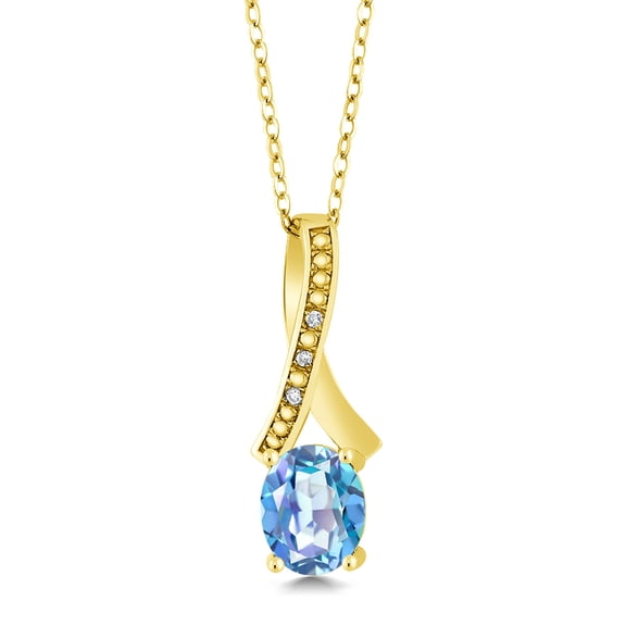 Gem Stone King 1.84 Ct Millennium Blue Mystic Quartz White Diamond 18K Yellow Gold Plated Silver Pendant