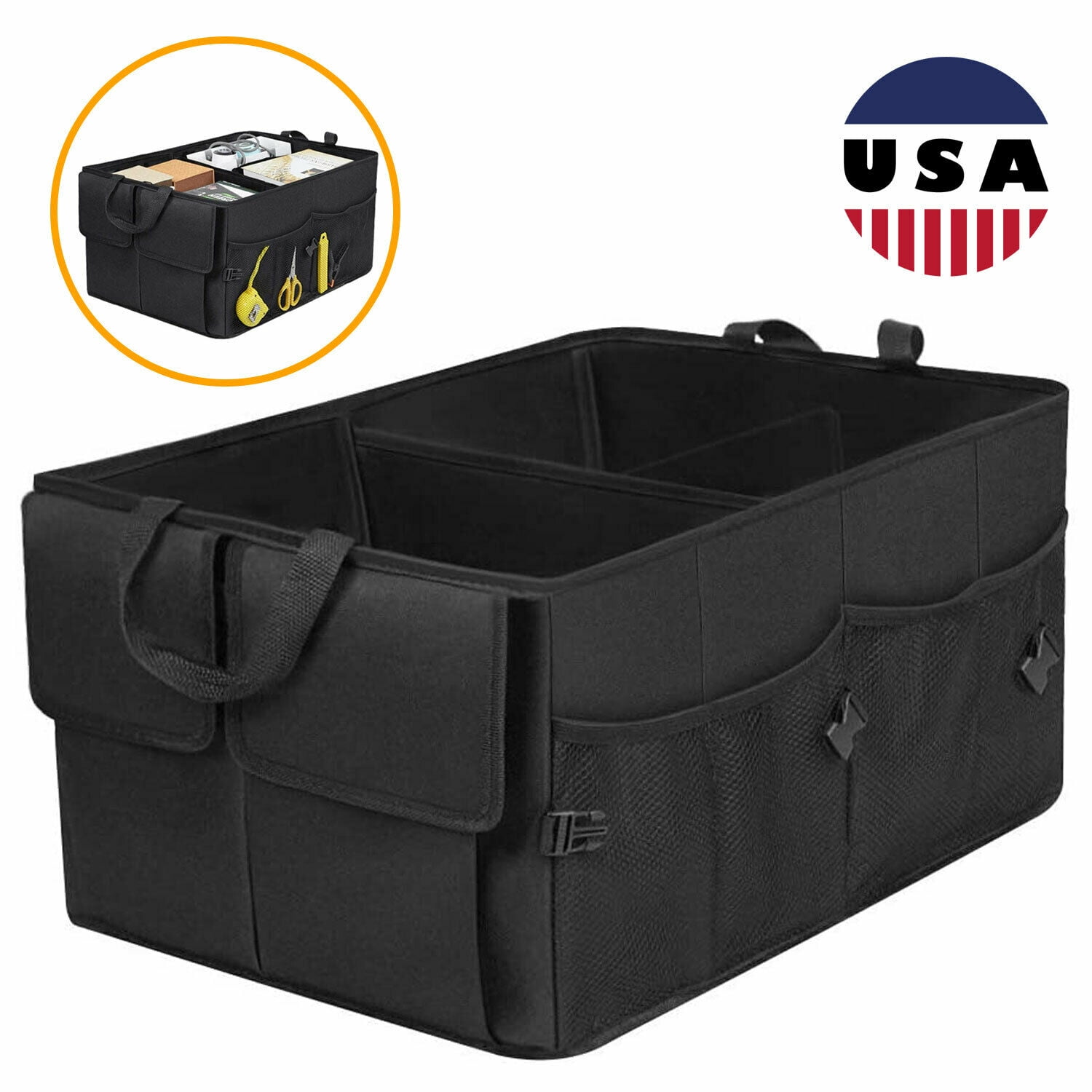 Foldable Trunk Organizer With Rope Handles – Collapsible Storage Box For Car, SUV, Or Truck (Black)