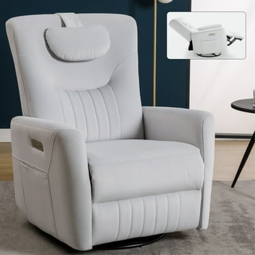 Recliner Chair, Swivel and Rocker Power Recliner with USB and Type-C Ports, Recliner Chairs for Adults with Lumbar and Neck Support Pillow, Wihte