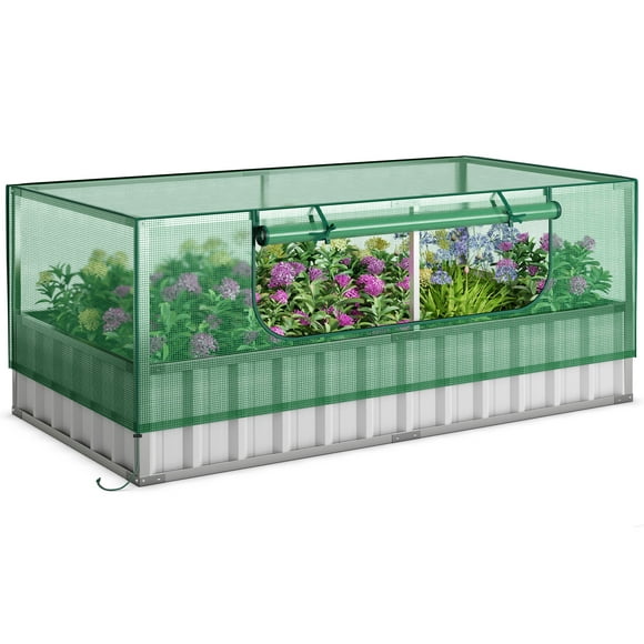 Patiojoy 69" x 36" x 12" Galvanized Raised Garden Bed with Greenhouse Cover Raised Planter Box Kit with Roll-up Door 8PCS T Tags & A Pair of Gloves