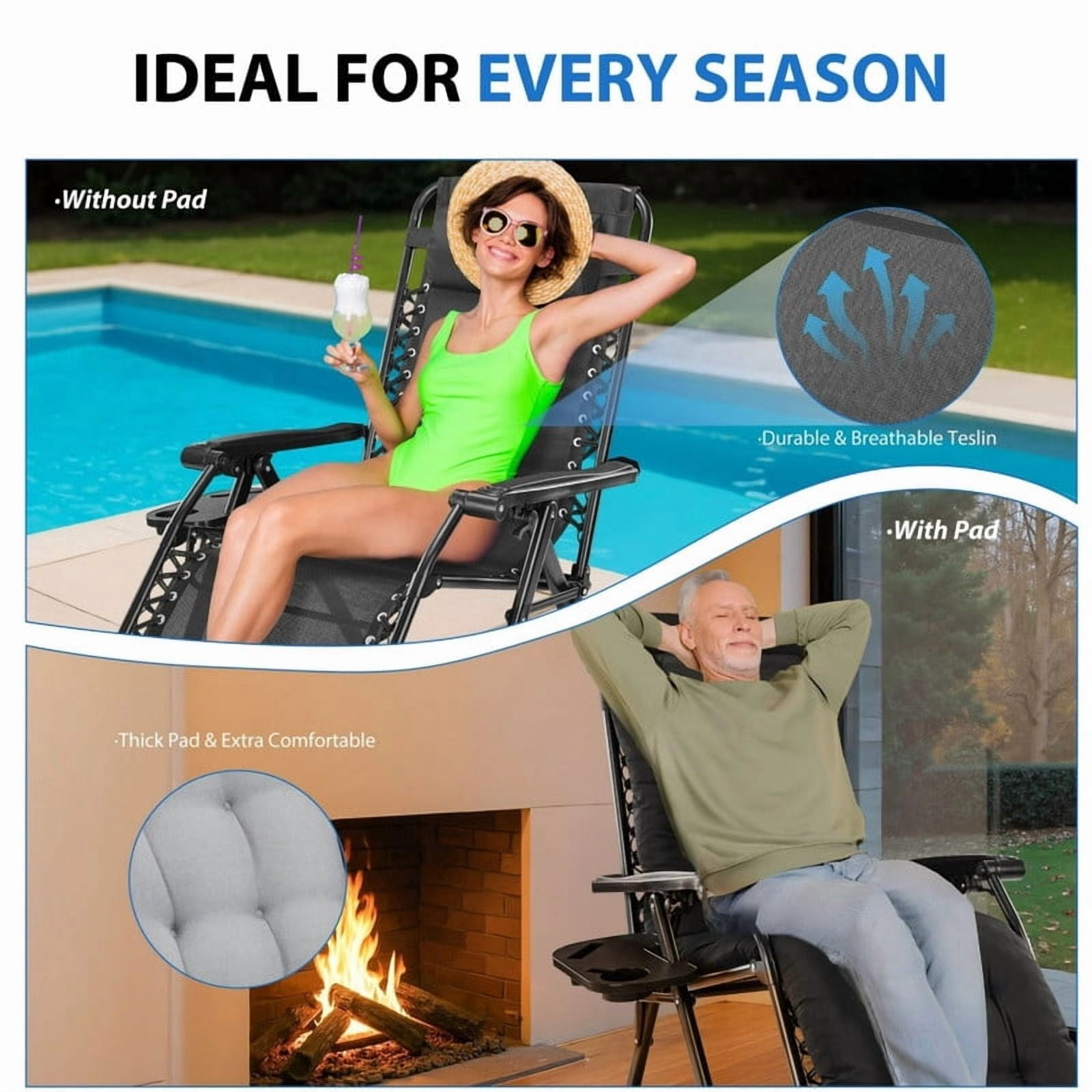 Kelno Padded Recliner Chair Zero Gravity Camping Chair Holder Trays Outdoor Portable Patio Lounge Chair with Removable Cushion Headrest Cup, Black