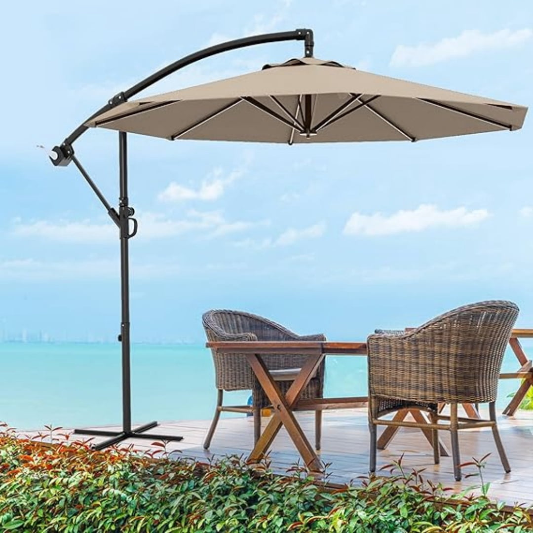10FT Cantilever Patio Umbrella with Heavy-Duty Cross Base, Outdoor Offset Market Umbrella with Infinite Tilt & Easy Crank Lift – Waterproof, UV-Resistant, Wind-Resistant, Sturdy Aluminum Pole