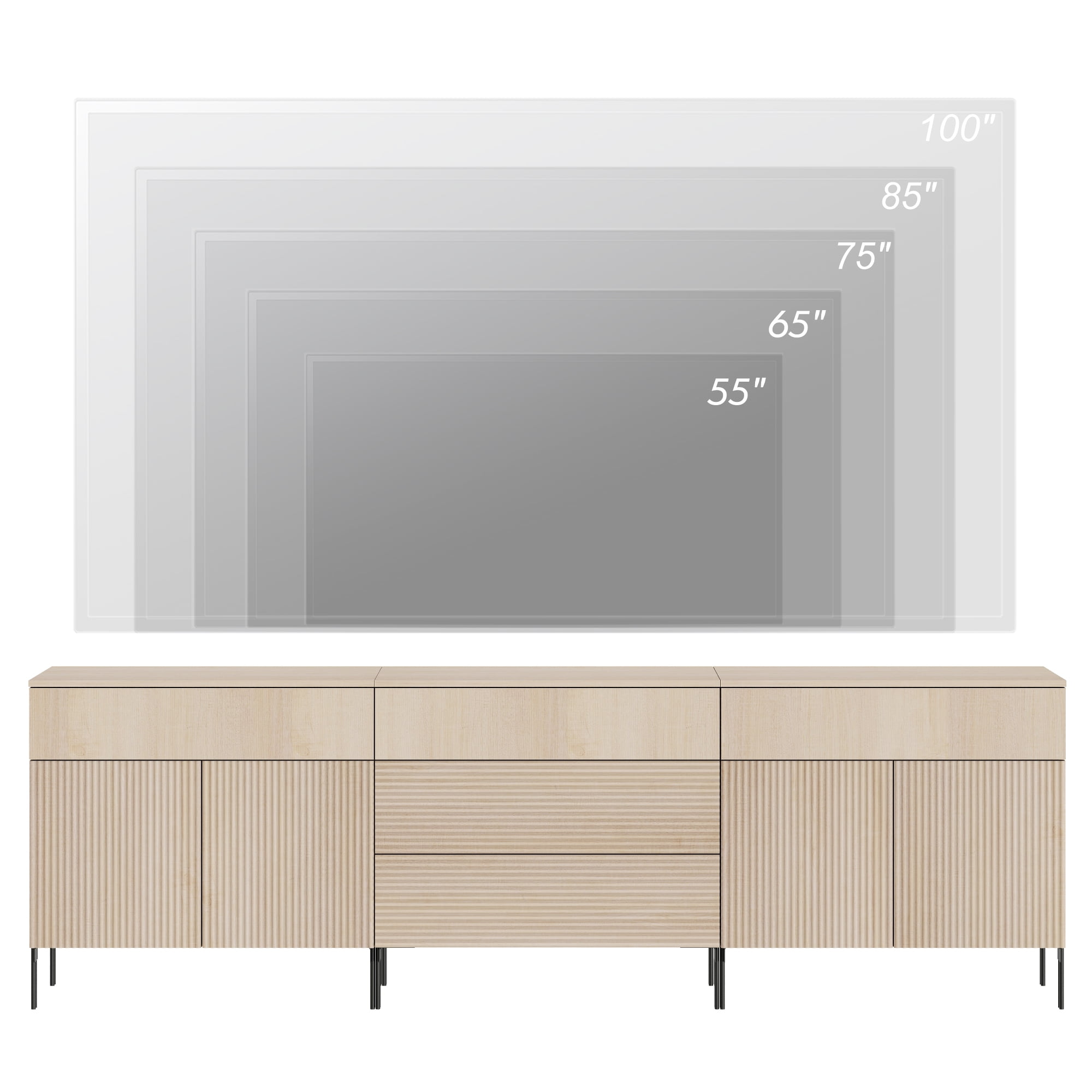94.5" Reeded Accent Cabinet Set with Doors and Drawers, Modern Credenza Storage Cabinet with Metal Legs for Living Room, Kitchen, Dining Room, Hallway