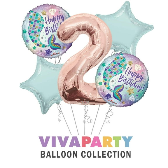 Happy Birthday Mermaid Round Balloon Bouquet 5 pc, 2nd Birthday, Rose Gold Number 2 Jumbo Balloon | Viva Party Balloon Collection