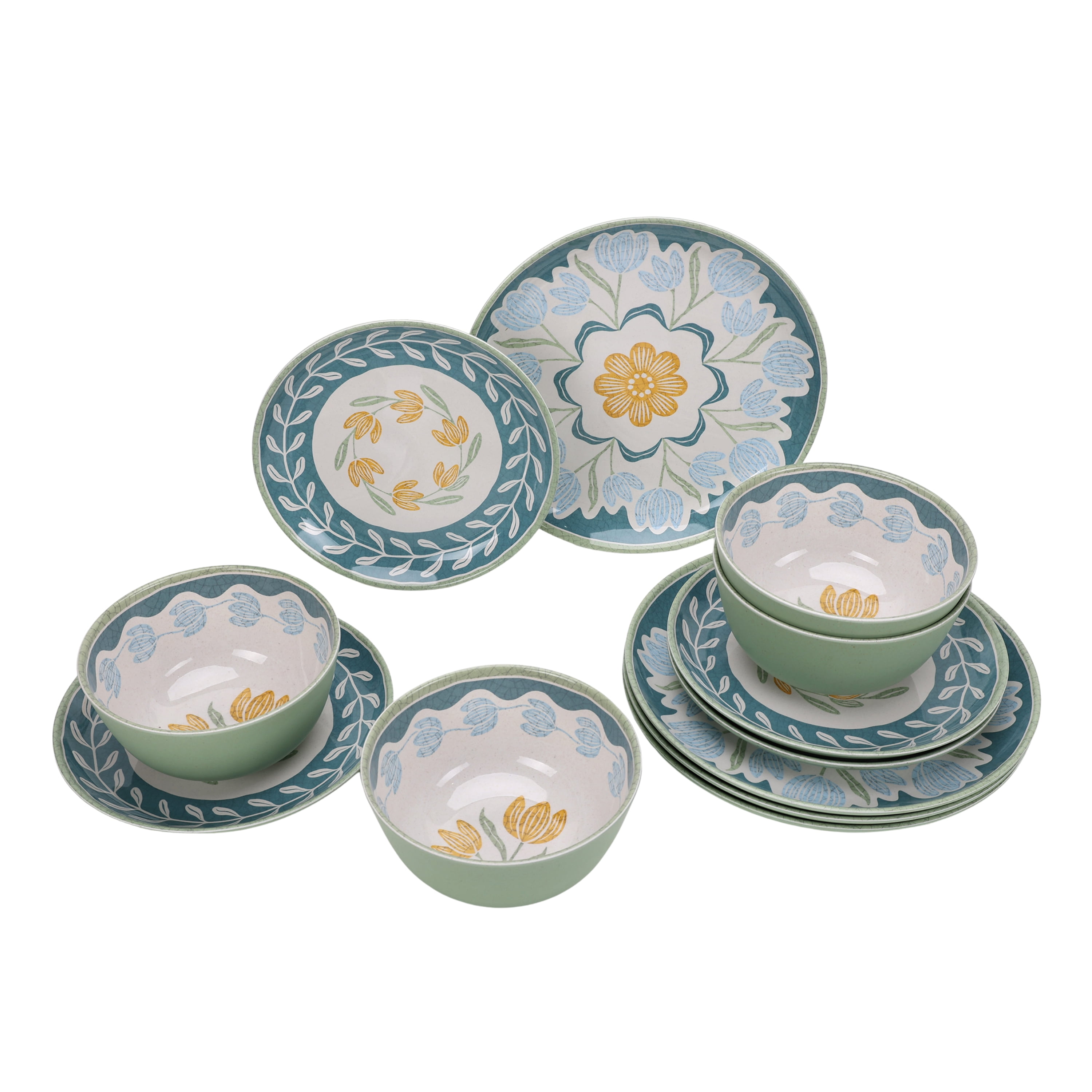 Better Homes & Gardens 12 Piece Bamboo Melamine Green Floral Dinnerware Set