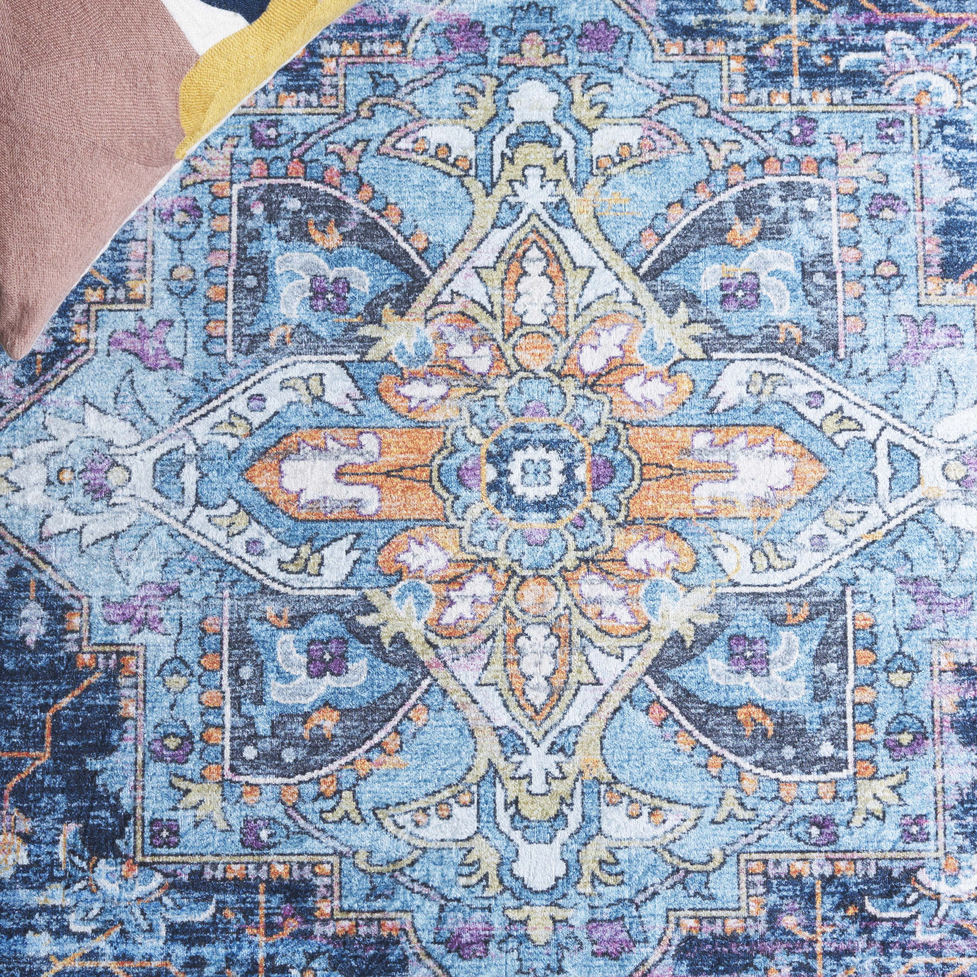 SAFAVIEH Orlando Charla Medallion Machine Washable Area Rug, Light Blue/Navy, 4'9" x 6'6"