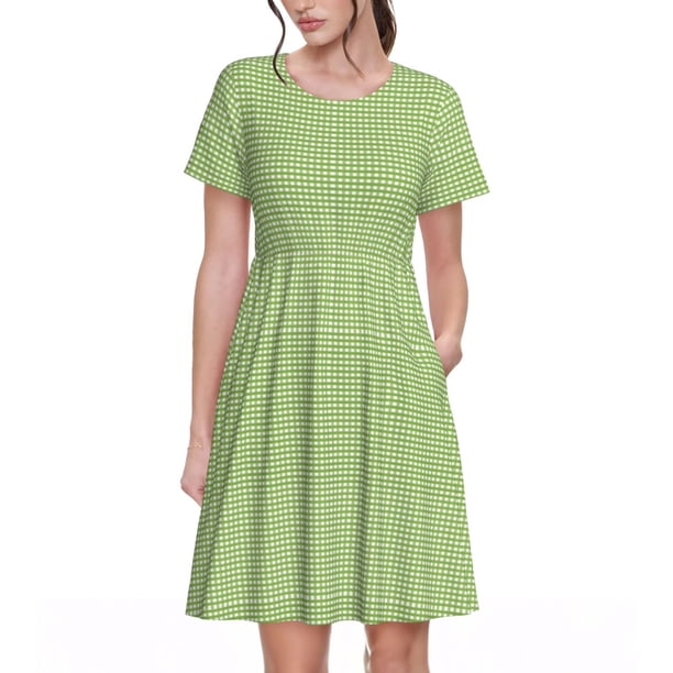 Fotbe Green Gingham Vestido Largo de Moda para Mujer, Vestido Tipo Camiseta con Manga Corta y Estilo Casual a Rayas y Bloques de Color