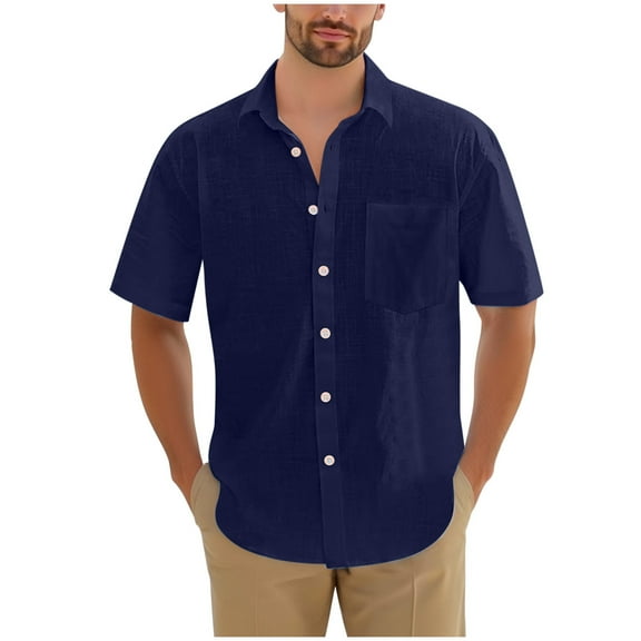 Mgmyaa Men's Button-Up Shirts Vintage Casual Pocket Solid Color Lapel Loose Short Sleeve Shirt Button Down Shirt for Man