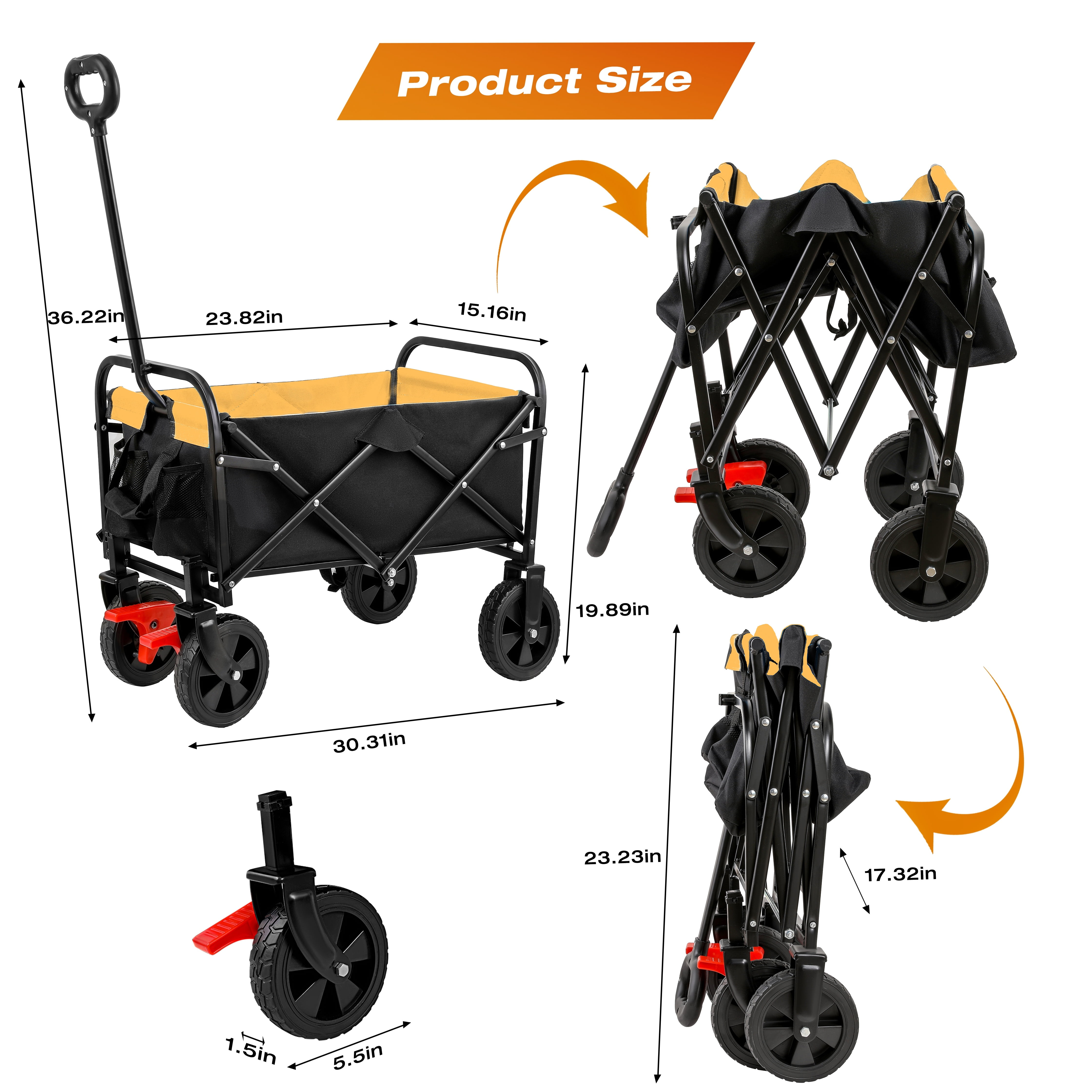 MAYEERTY Mini Folding Wagon Cart, 150LBS Brake, 600D Oxford Steel Frame, Black-Orange for Garden Beach Shopping