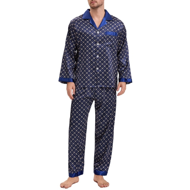 INSPIRAR CHIC Conjunto de Pijamas de 2 Piezas para Hombre, Camisa de Dormir con Botones, Patrón Casual, Talla XL, Azul Oscuro