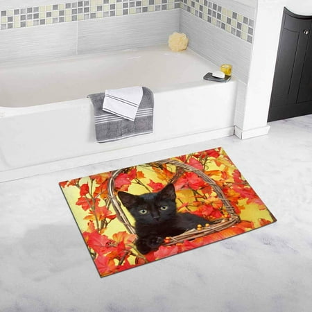 Wicker Pumpkin With Lights CADecor Fuzzy Black Kitten in Wicker Pumpkin Basket with Yellow and Orange Leaves Around Bath Mat Soft Bathroom Rugs Doormat 30x18 inches ()