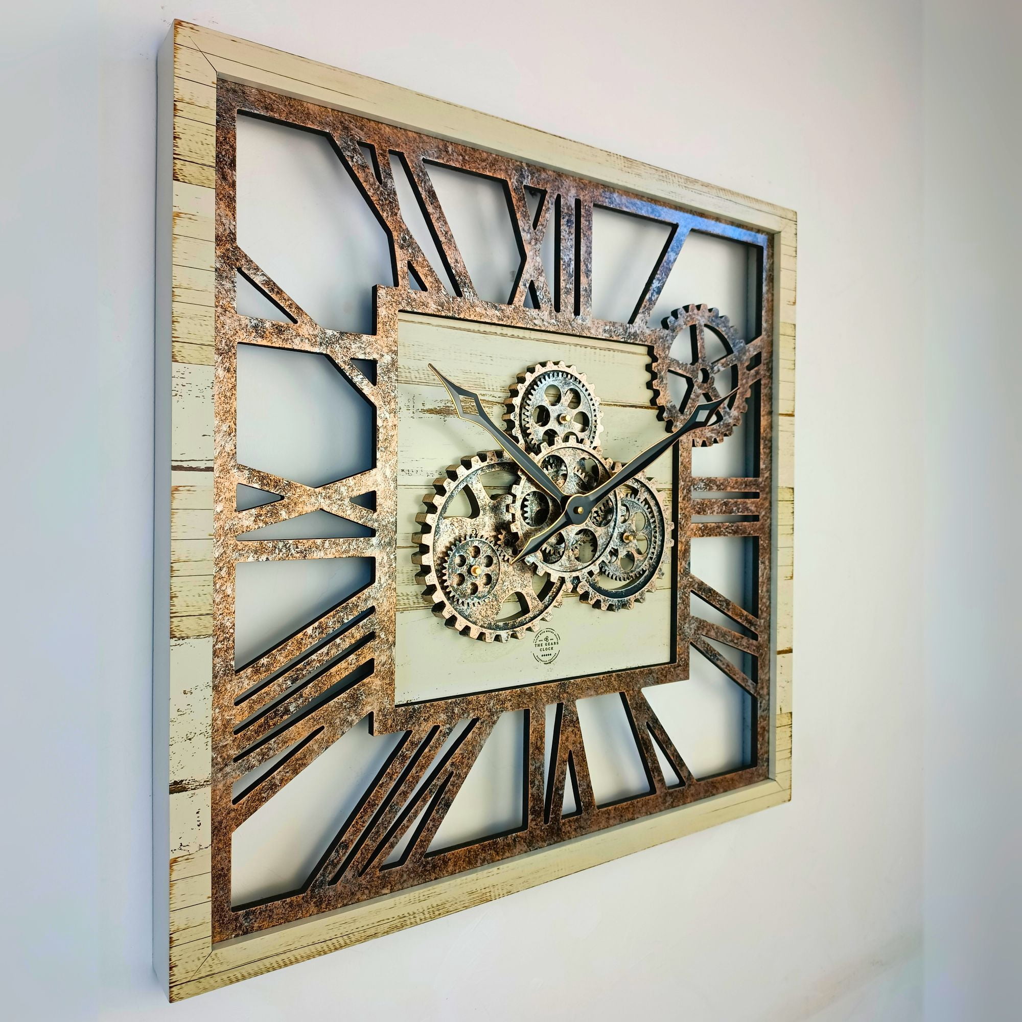 THE GEARS CLOCK Wall Clock with Real Moving Gears AM-LI_ 24 in Square Desert-Beige