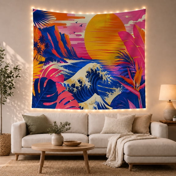 Tropical Sunset Ocean Waves Scene, Energetic Retro Style for Beach Lovers, Coastal Home Decor, Housewarming Gift Tapestry Wall Hanging for Bedroom, Living Room and Dorm