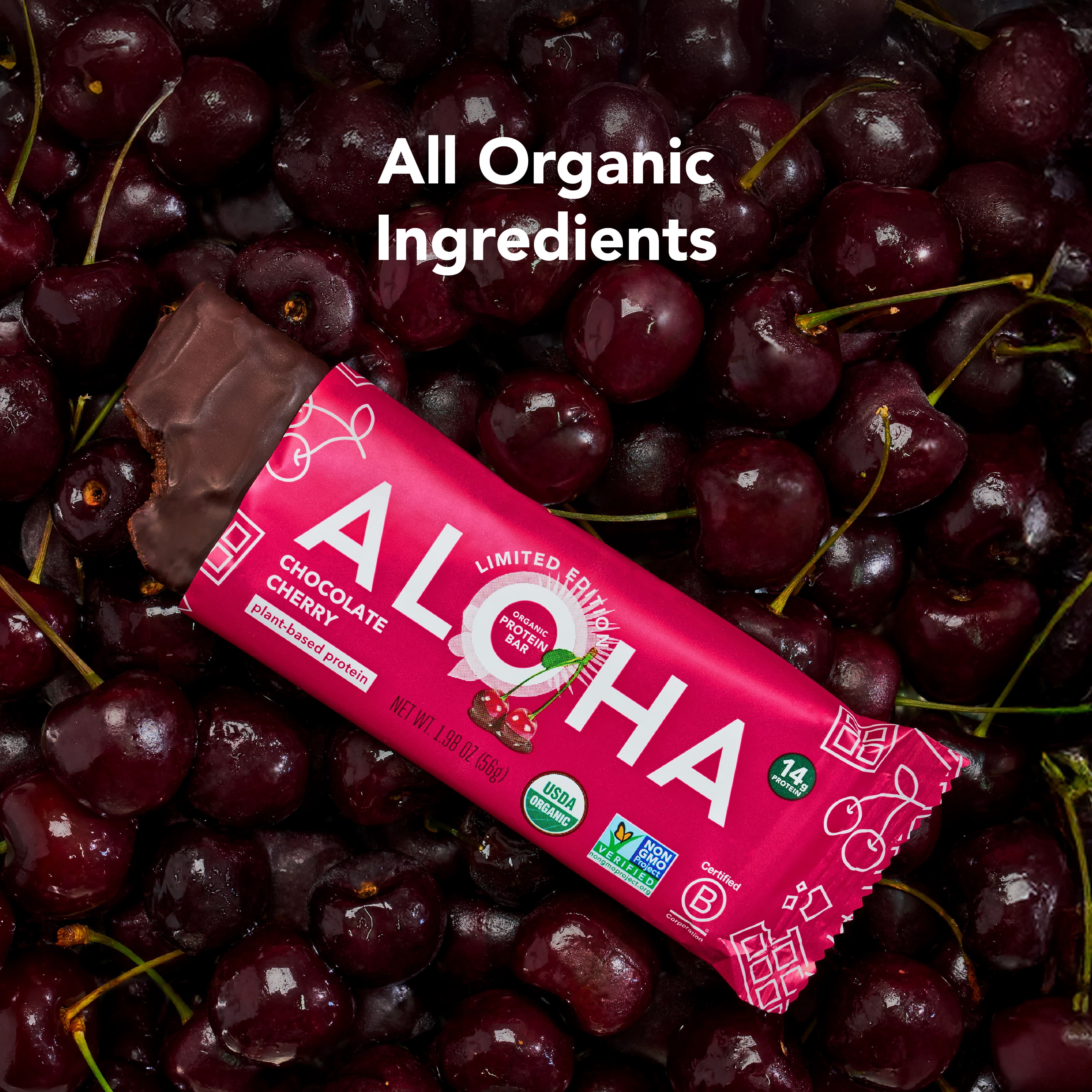 ALOHA, Organic Plant Based Protein Bars, Chocolate Cherry, 14g Protein (Pack of 12)