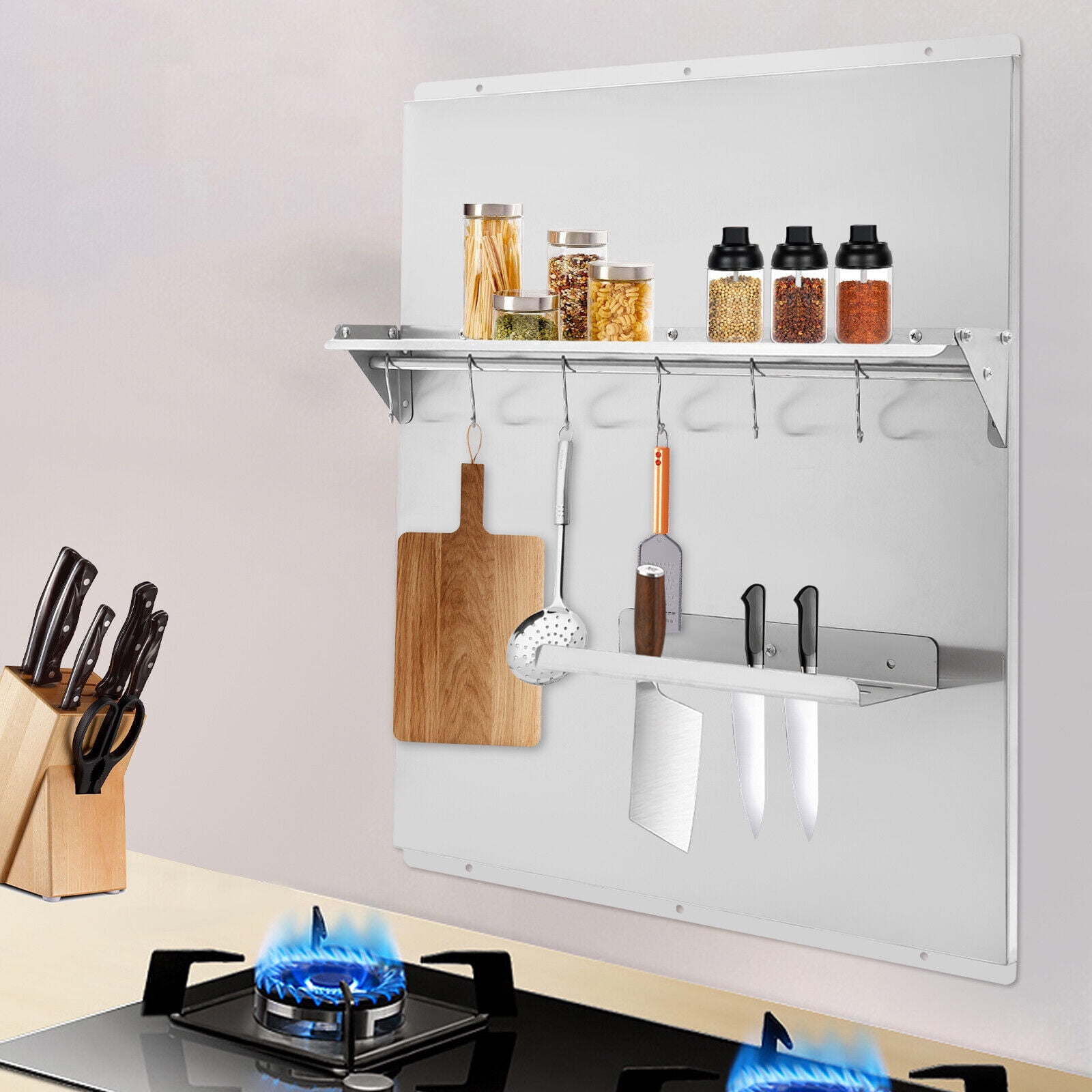Stainless Steel Range Backsplash with Shelf & Hooks, 24 X 30 Inch Wall Mounted Stove Splatter Guard, Heat Resistant Kitchen Backsplash Panel with Knife Rack