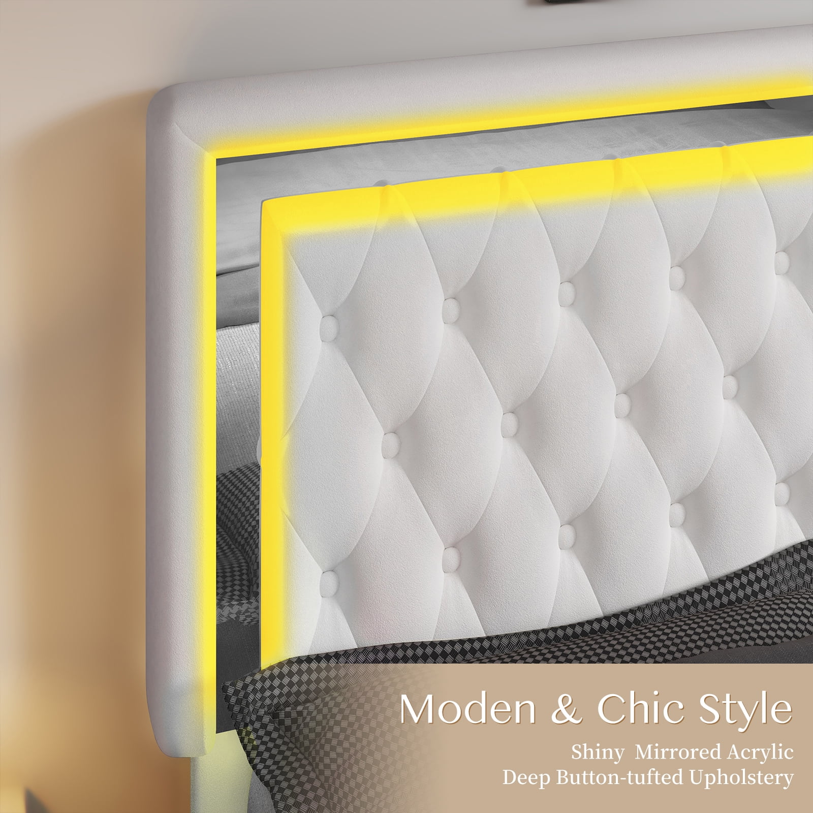 Merluxy Queen Bed Frame with Led Lights Headboard,Acrylic Mirror Accents,No Box Spring Needed,Velvet Cream
