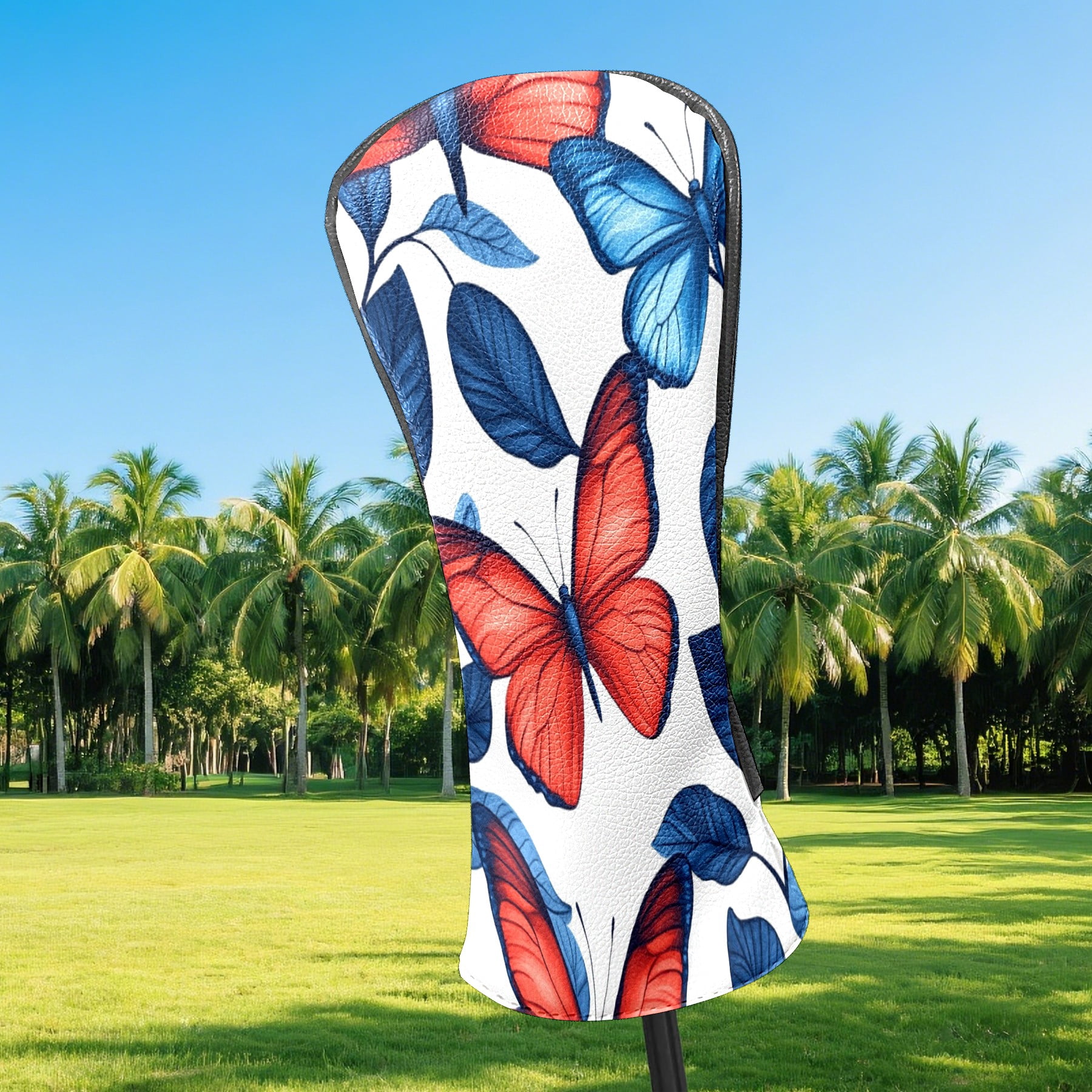 Golf Club Covers PU Leather Waterproof Head Covers for Fairway Woods Hybrids Red And Blue Butterfly