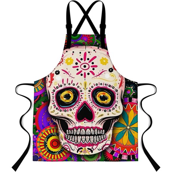 shiyou-33.4x27.5 Inches Candy Skull Apron Mexican Abstract Mandala Pattern Printed Bib Apron,with 2 Pockets with Extra Long Waist Tie Apron WQXPMN40, Color, Standard