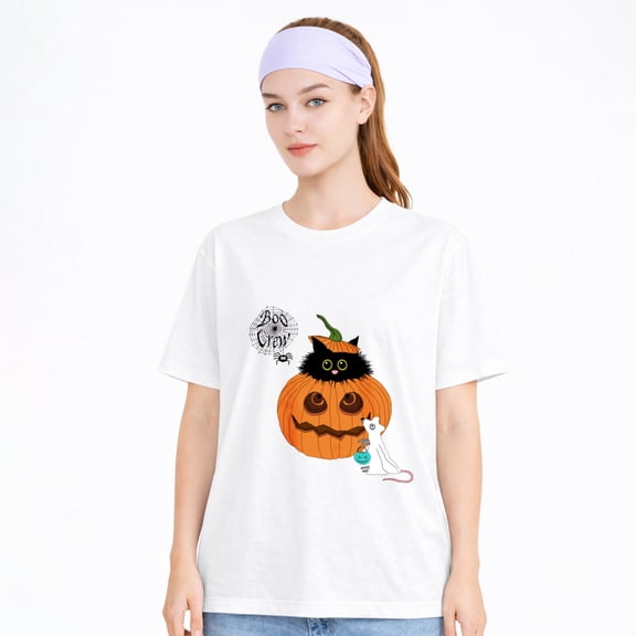 Women's Cotton T-Shirt, Cute Cat Pumpkin Ghost Cute Graphic Crew Neck Short Sleeve Tee for Halloween Party