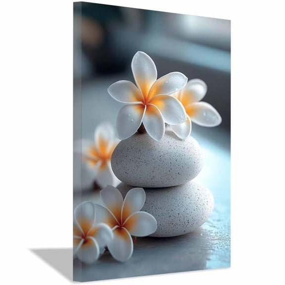Mudket Framed,Canvas Wall Art,Ready to Hang,Plumeria Flower Stacked Stones Still Life Canvas Print,Botanical Wall Decor, Floral Artwork for Bathroom Bedroom Office Decor - 12"L x 8"W