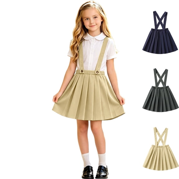 Girls School Dress Pleated Suspender Uniform Skirts Uniform Jumper for Girls Plain School Skirt with Adjustable & Removable Straps Uniform for Girls (Khaki 110)