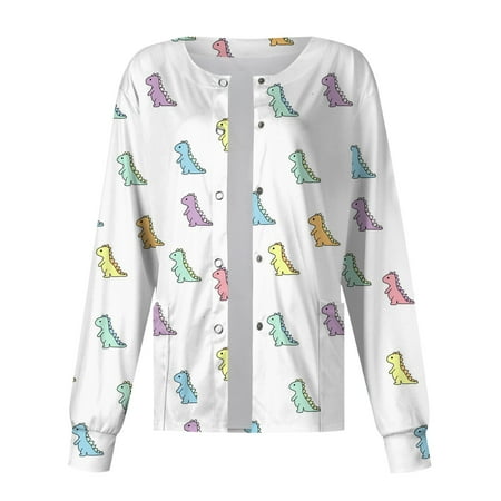 

Sksloeg Long Sleeve Scrub Top O Neck Jacket Tops Marble Fun Cartoon Animal Dinosaur Printed Fashion Scrub Clothes Women Scrubs Jacket Tops White 5XL