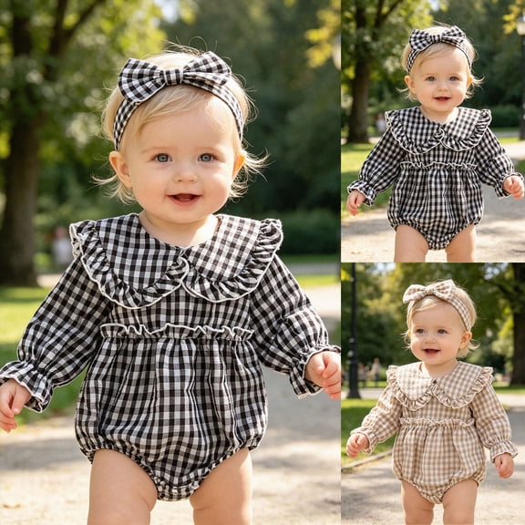 Baby Girl Plaid Bubble Romper Long Sleeve Ruffle Bodysuit Fall Winter Outfit 6-12 Months 12-24 Months Baby Black,0-3 Months