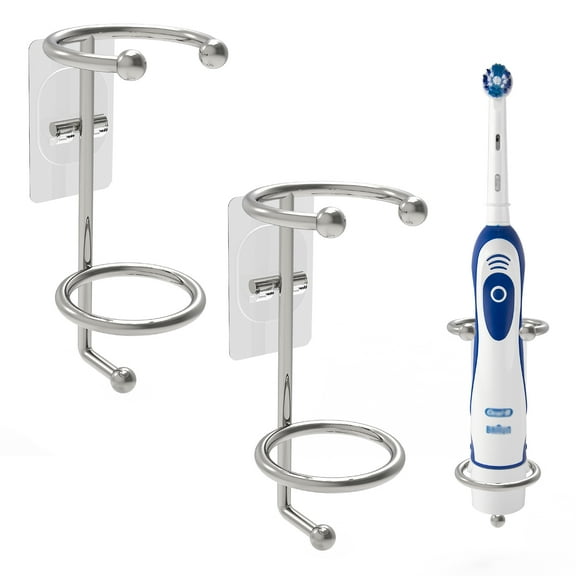Linkidea 2 Pack Wall Mounted Electric Toothbrush Holder for Bathroom, Shower, Stainless Steel Power Toothbrush Hanger, Self Adhesive Wallmounted Tooth Brush Organizer (Sliver)