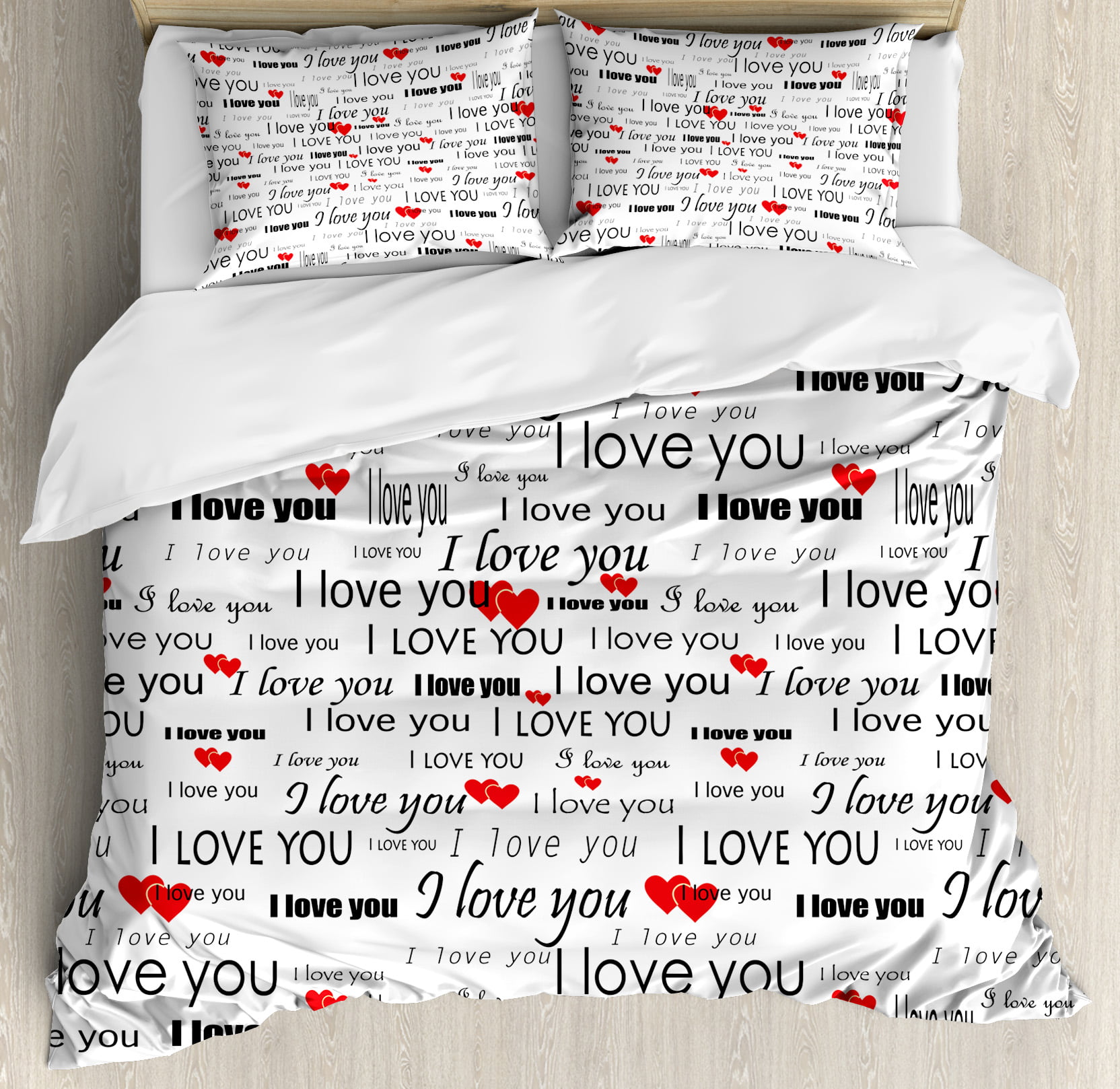 Romantic King Size Duvet Cover Set I Love You Quote With Hearts
