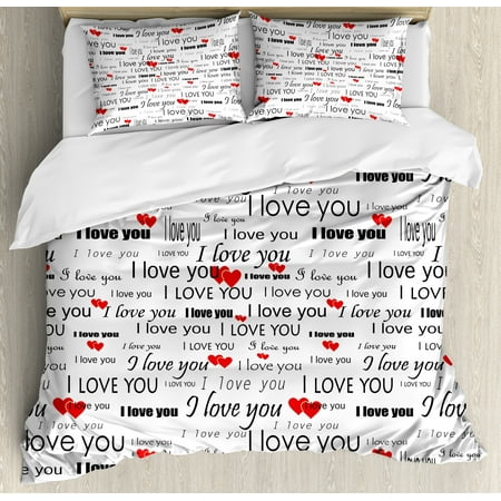 Romantic King Size Duvet Cover Set I Love You Quote With Hearts Romance Couple Valentine Plain Backdrop Decorative 3 Piece Bedding Set With 2 Pillow
