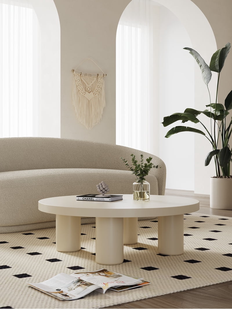 Modern Small Round Low Table Creamy White Coffee Table for Indoor