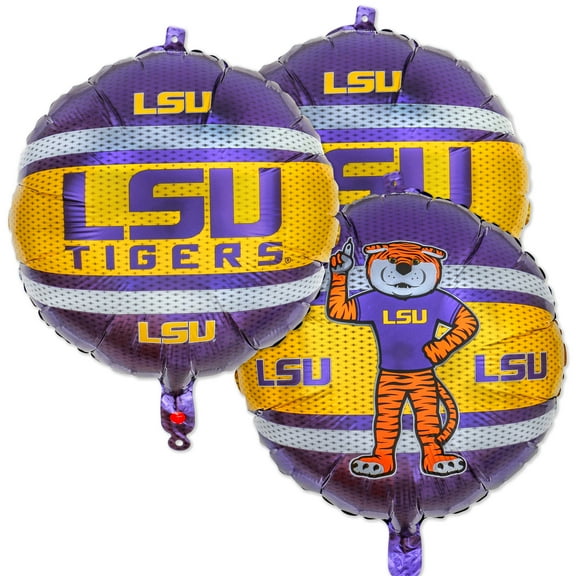 LSU Party Balloons (3 Pcs.)! 3 (18”) Round, Foil Balloons featuring Mike the Tiger In LSU Purple and Gold. Great for football tailgates, Birthdays & all LSU Fan Parties. by Havercamp