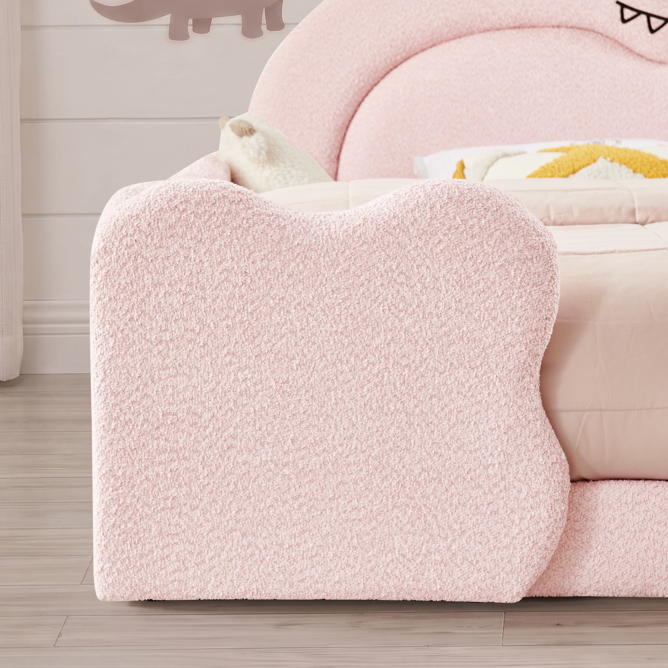 GDF Studio Full Size Cute Dinosaur Bed with Safety Guardrails & Solid Wood Frame, Boucle Fabric Upholstered Bed, Pink